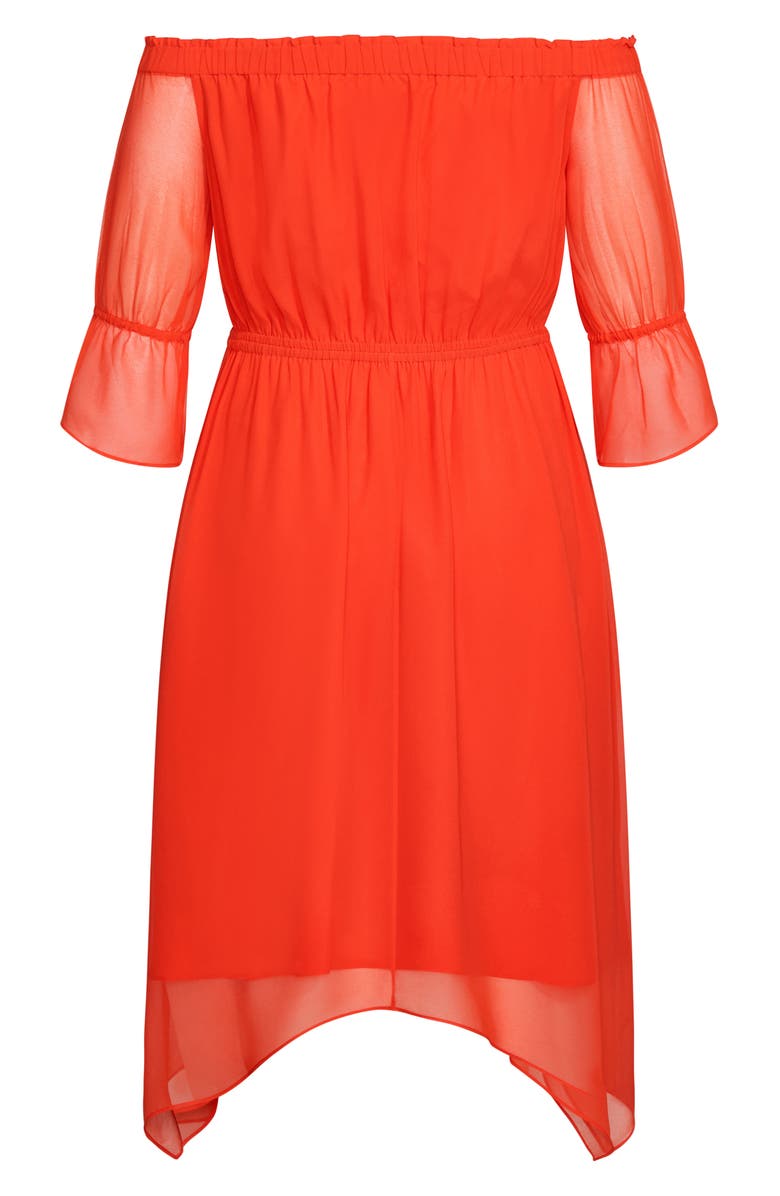 City Chic Reflections Off the Shoulder Handkerchief Hem Dress, Alternate, color,