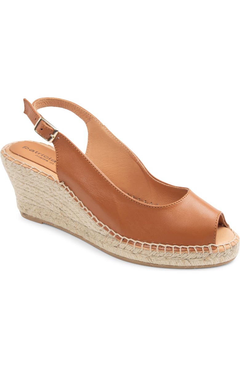 patricia green Peyton Slingback Espadrille Peep Toe Platform Wedge Sandal, Main, color, Cognac Leather
