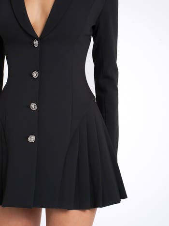 Ria Blazer Mini Dress with Crystal Button and Pleated Detail