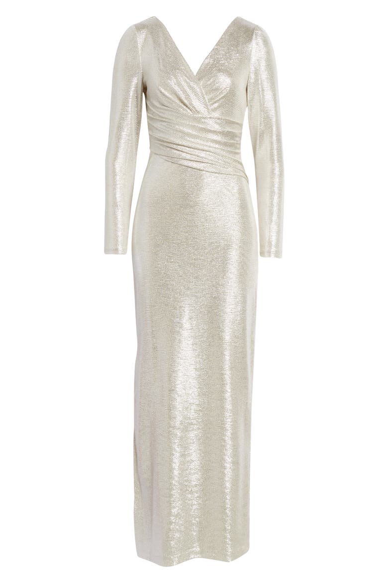 Metallic Long Sleeve Faux Wrap Gown, Alternate, color, METALLIC SILVER