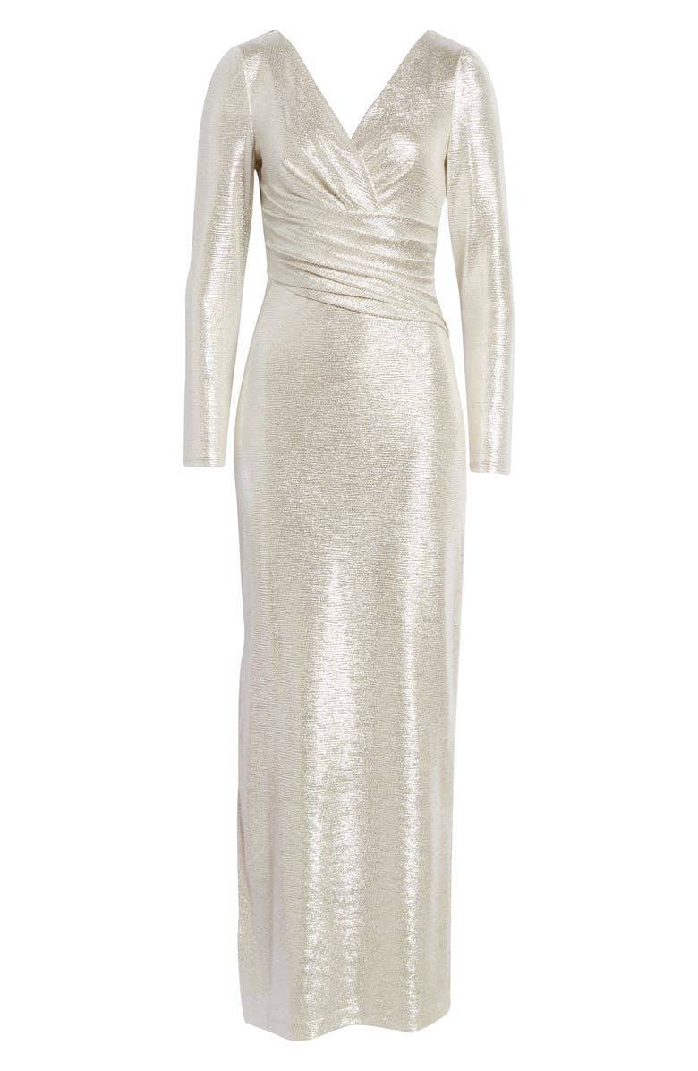 Eliza J Metallic Long Sleeve Faux Wrap Gown, Alternate, color, 