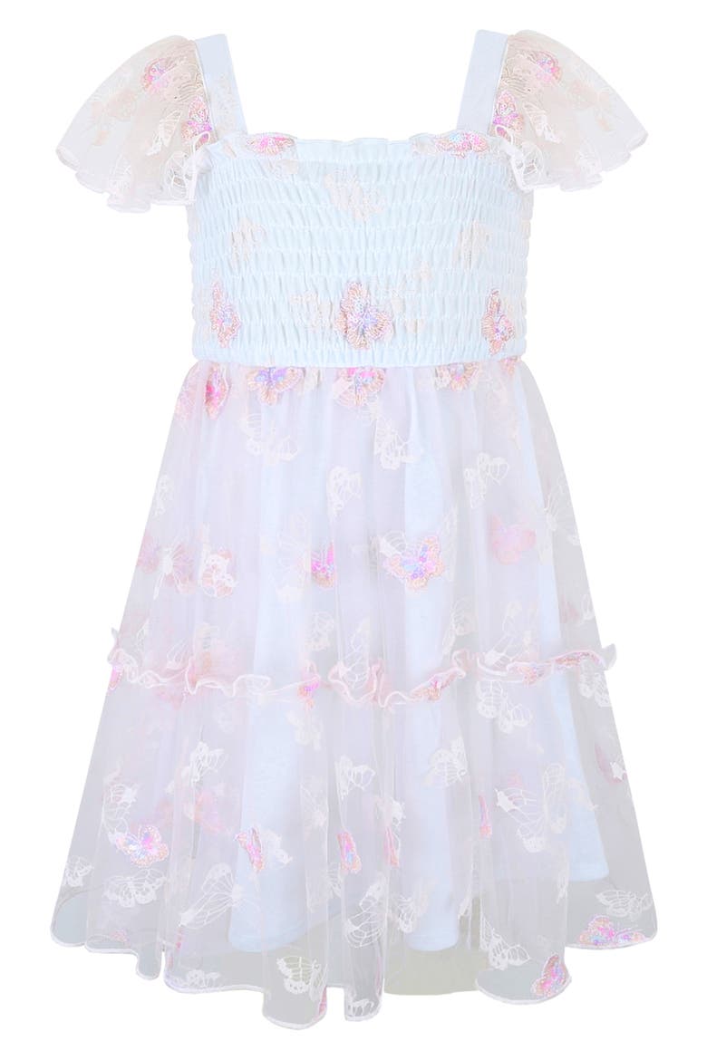 Kids' Smocked Bodice Dimensional Appliqué Party Dress, Main, color, PINK/ BLUE