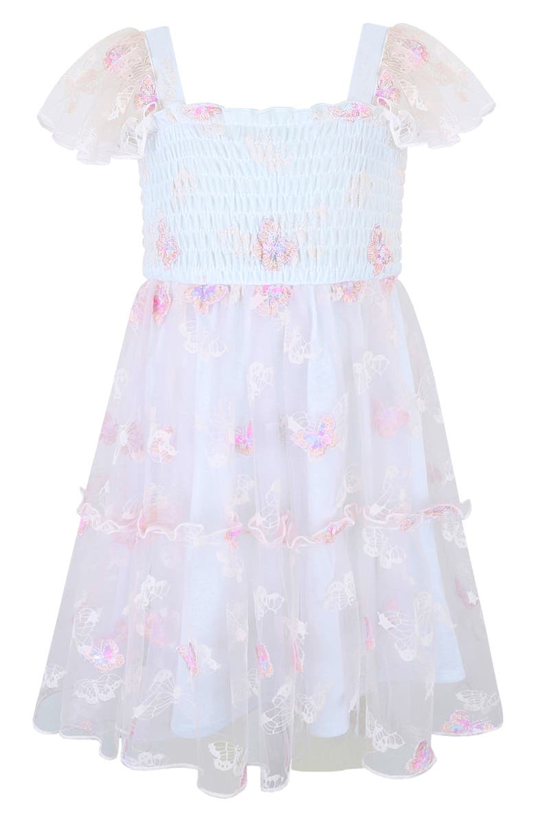 Zunie Kids' Smocked Bodice Dimensional Appliqué Party Dress, Main, color, Pink/ Blue