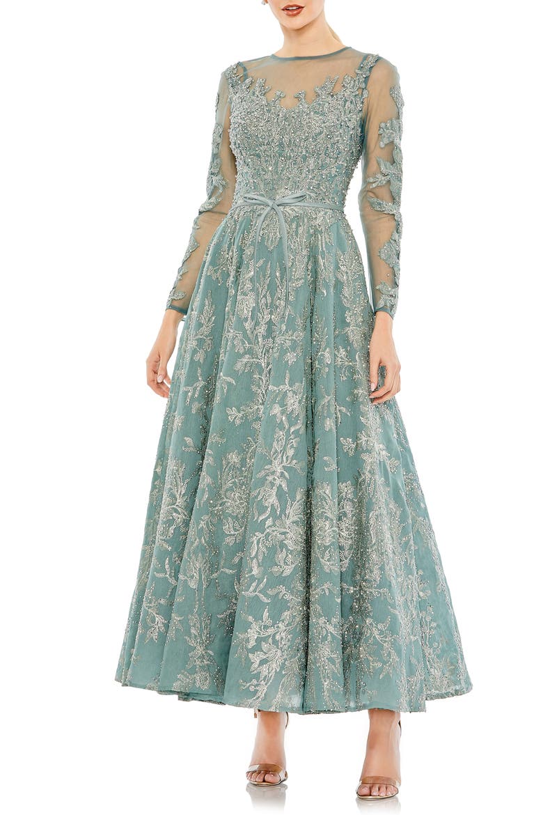 Women’s A-Line Illusion Dress with Embellished Belt, Main, color, JADE