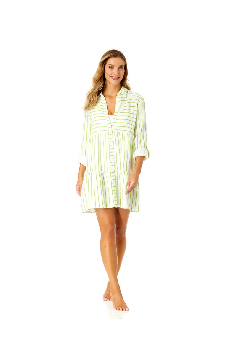 Anne Cole Women's Button Front Long Sleeve Tiered Dress Cover Up, Alternate, color, Lime Stripe