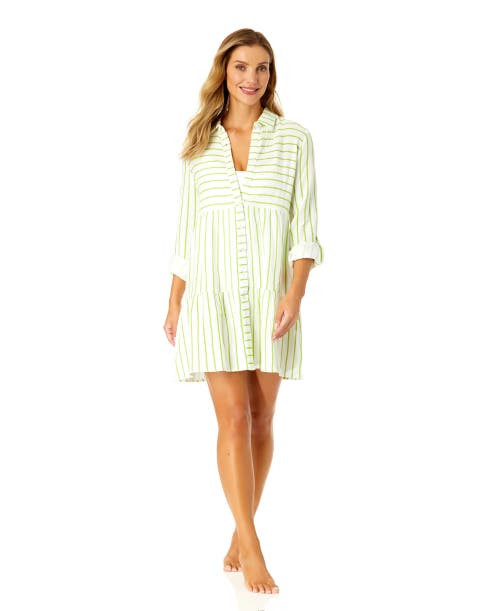 Anne Cole Button Front Long Sleeve Tiered Dress Cover Up In Lime Stripe