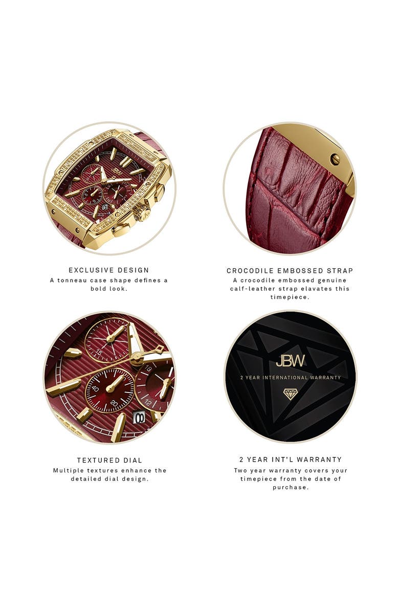 JBW Echelon Diamond Chronograph Croc Embossed Leather Strap Watch, 41mm, Alternate, color, Maroon