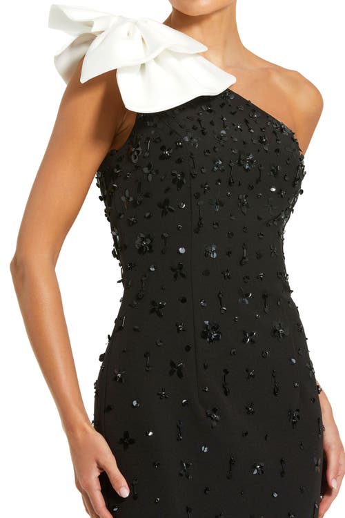 Mac Duggal Beaded Crepe One Shoulder Midi Dress With Bow In Black