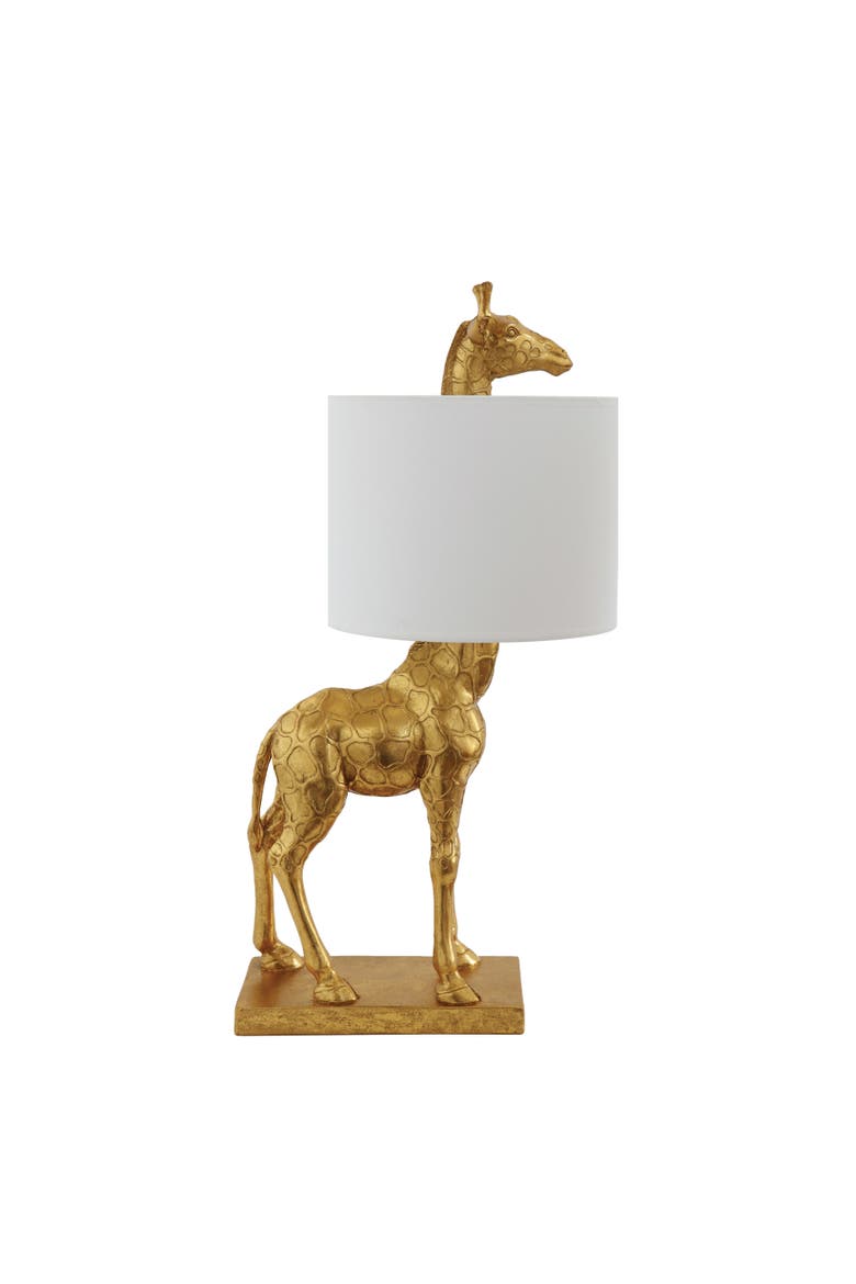 Resin Giraffe Table Lamp with Linen Shade, Distressed Gold, Main, color, Gold