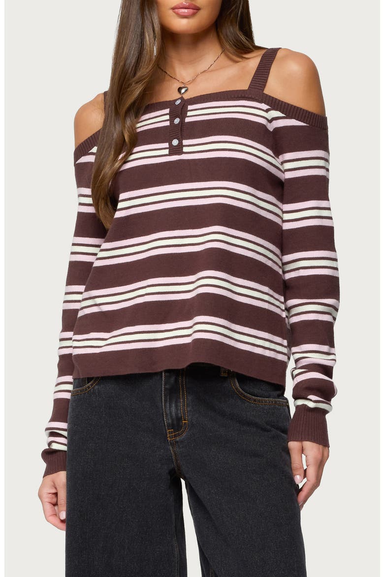 Shyla Stripe Off the Shoulder Sweater, Main, color, BROWN