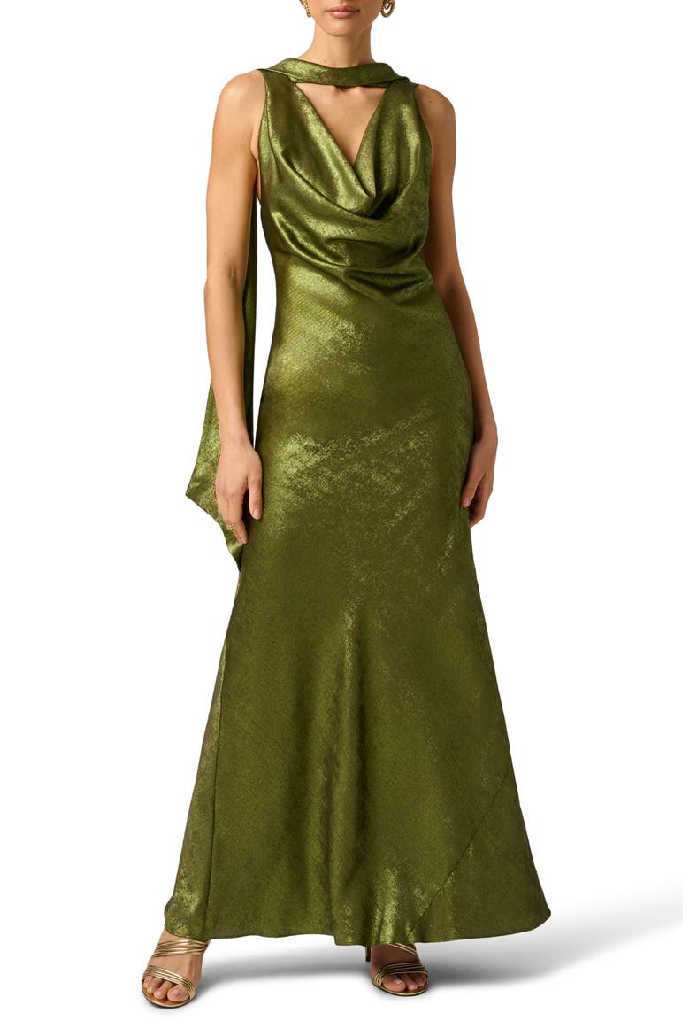 Drape Foil Chiffon Sleeveless Gown, Main, color, DARK OLIVE