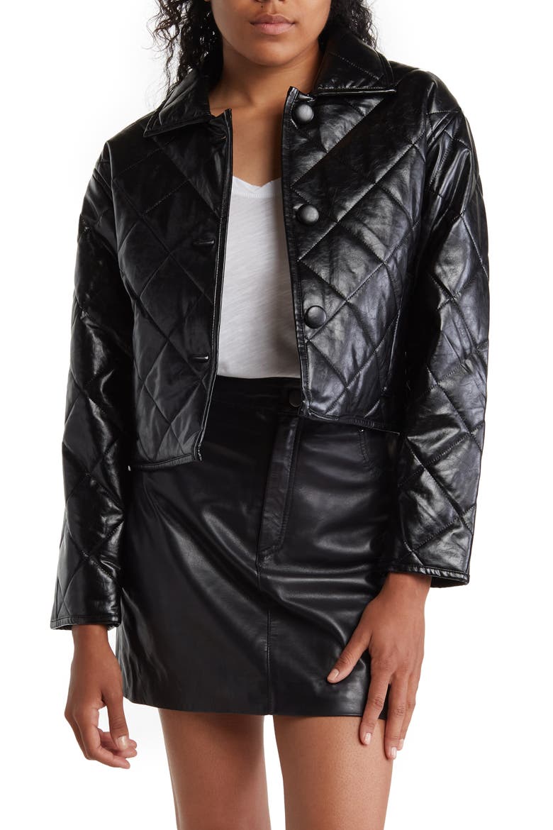 Cropped Quilted Faux Leather Jacket, Main, color, BLACK