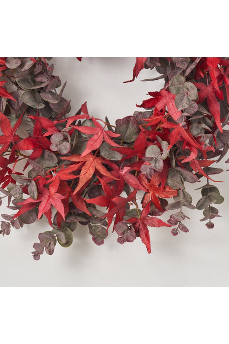 Autumn Evenings - Red Japanese Maple Leaf & Dusty Plum Botanical Eucalyptus Fall Front Door Wreath, Alternate, color, Red