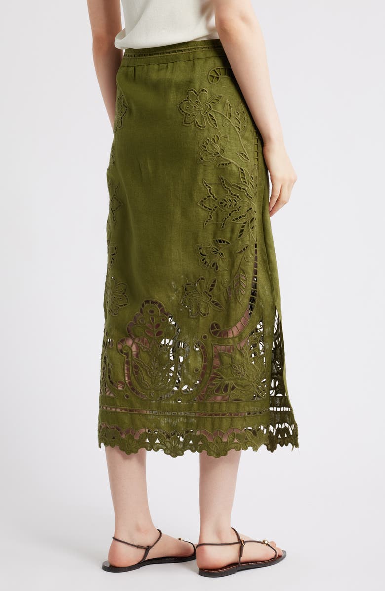 FARM Rio Majestic Garden Embroidered Eyelet Linen Midi Skirt, Alternate, color, Green