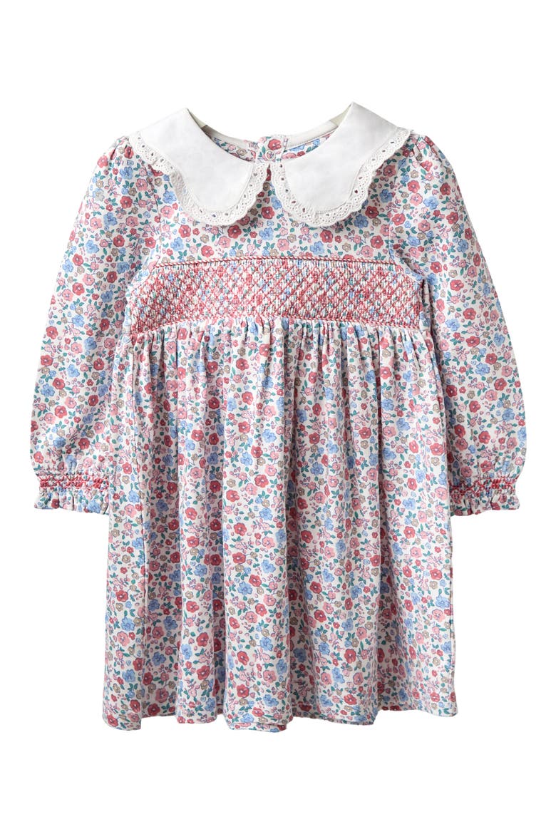 Peter Pan Collar Floral Print Smocked Cotton Dress, Main, color, PINK