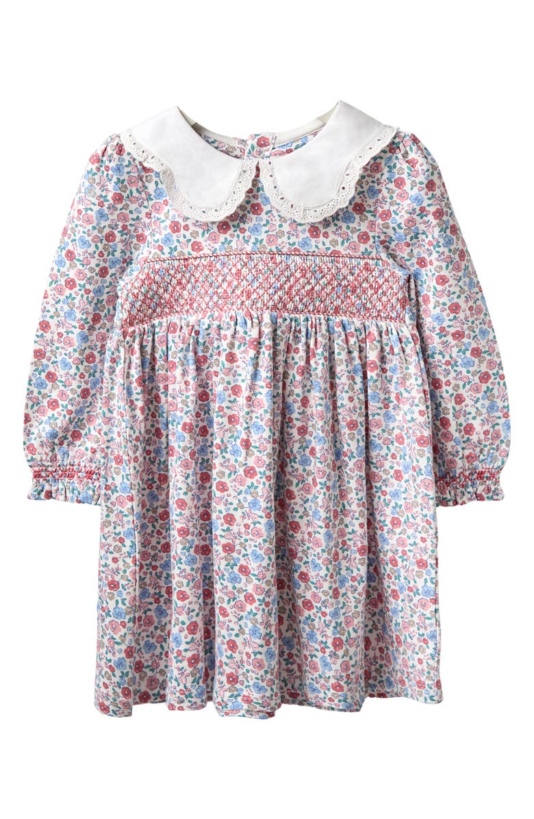 JOJO MAMAN BEBE Peter Pan Collar Floral Print Smocked Cotton Dress, Main, color, Pink