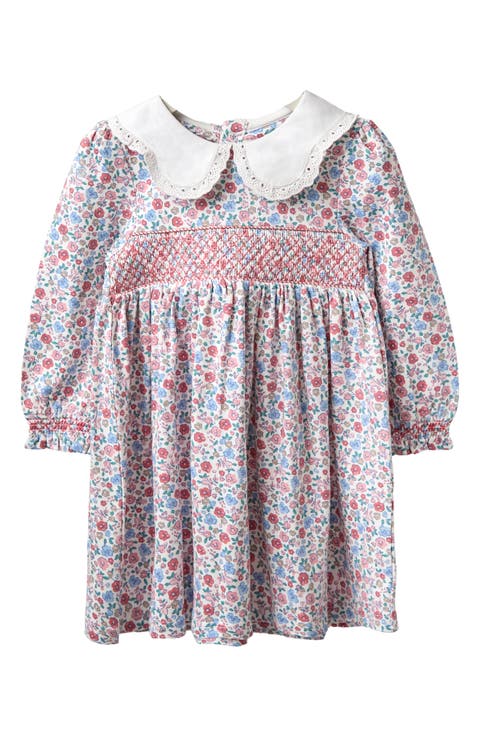 Peter Pan Collar Floral Print Smocked Cotton Dress (Baby)