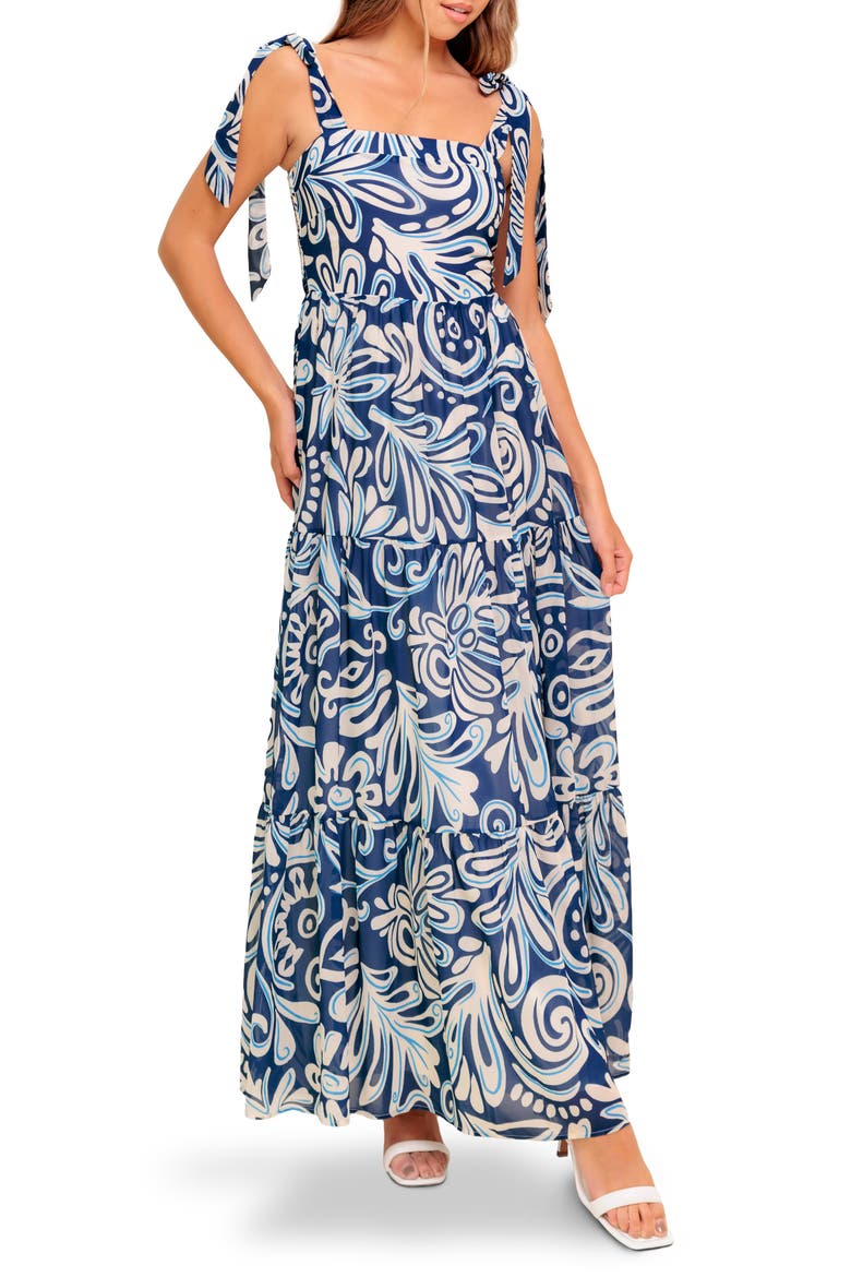 Tie Strap Tiered Chiffon Maxi Dress, Main, color, NAVY BLUE