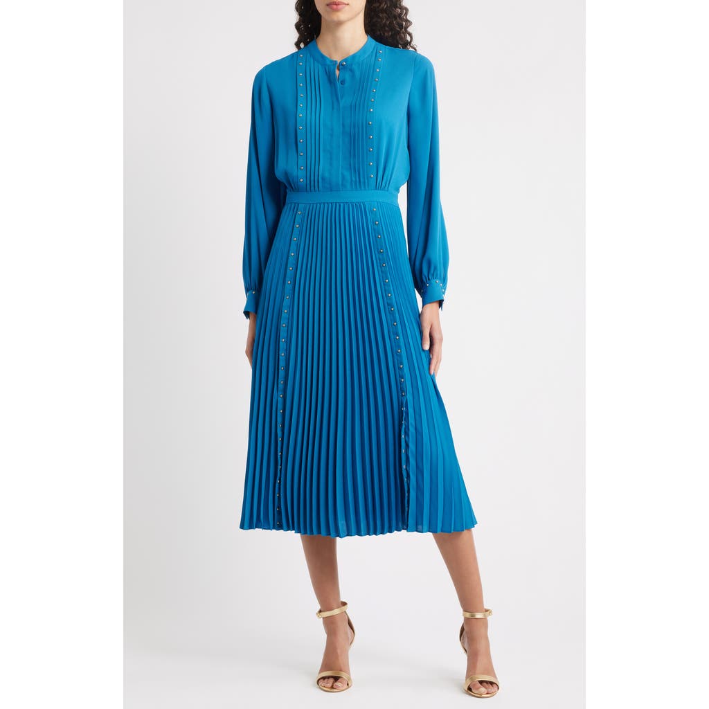 Elie Tahari The Alania Pleated Long Sleeve Midi Dress in Blue Stone  product