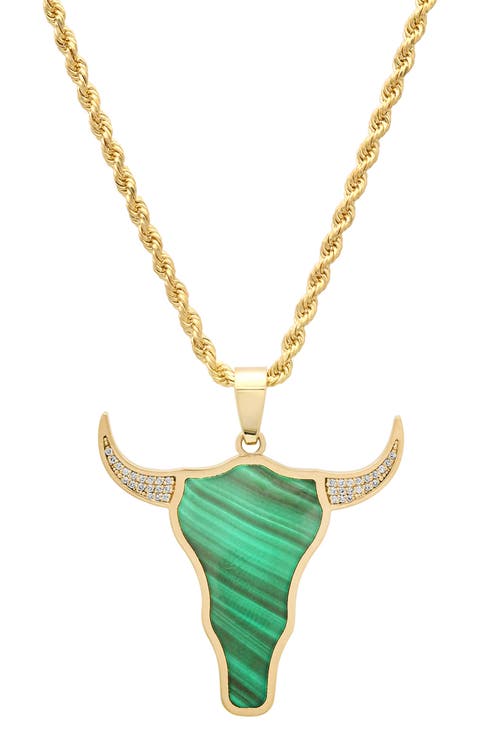 Malachite & Diamond Pavé Steer Head Pendant Necklace