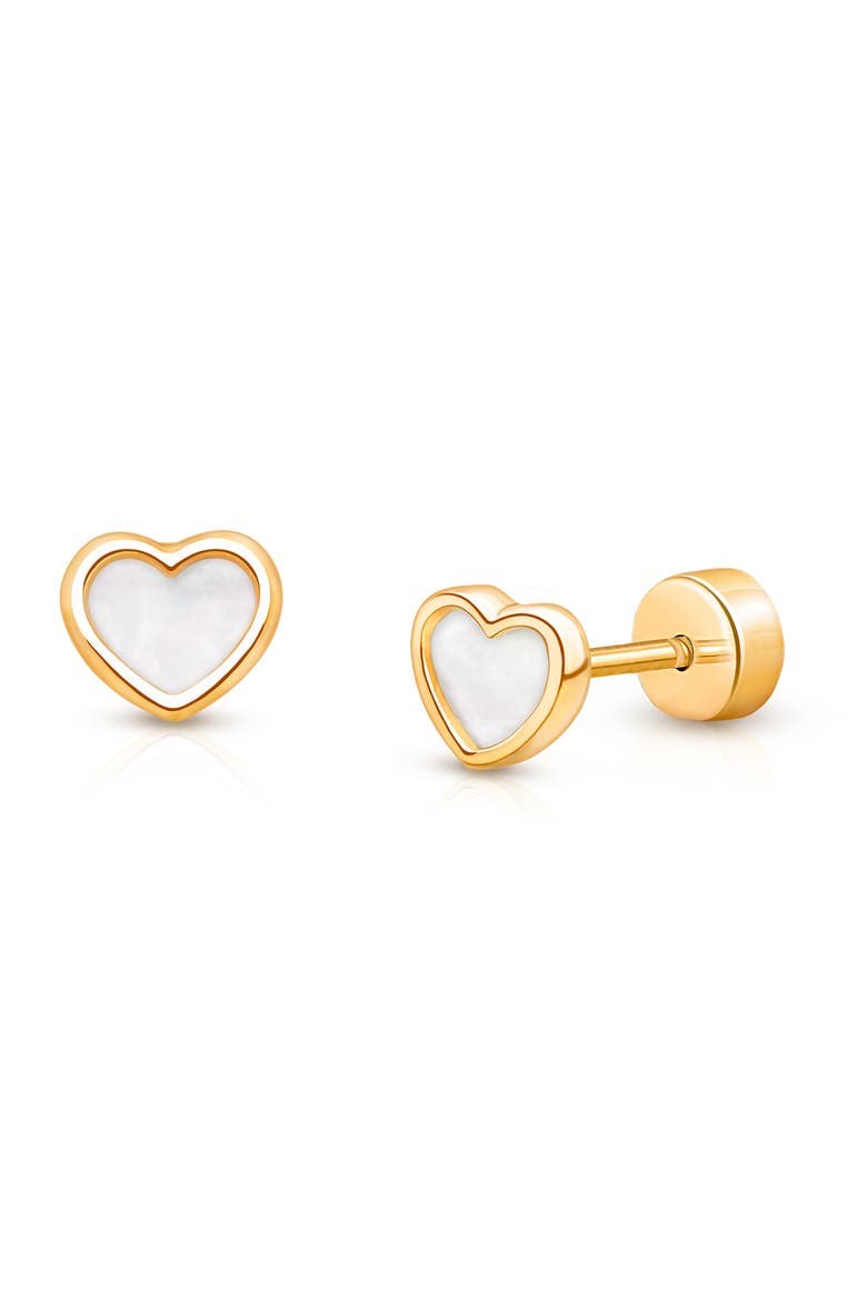 14K Gold on Titanium Enchanted Heart Mother of Pearl Stud Screw Back Earrings, Main, color, 14K Yellow Gold