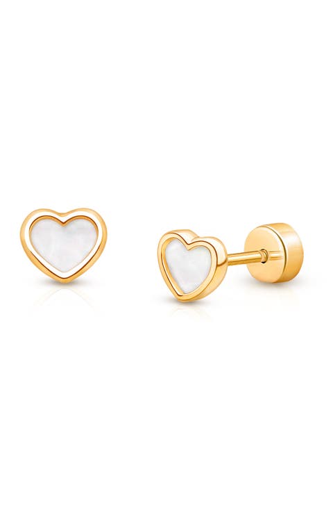 14K Gold on Titanium Enchanted Heart Mother of Pearl Stud Screw Back Earrings