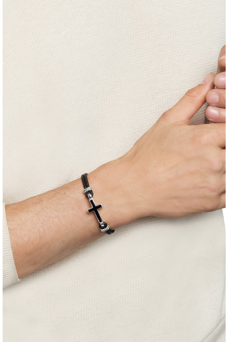 Men's Stone Cross Bracelet in Black Leather with Sterling Silver & Black Onyx, 3mm, Alternate, color, SILVER