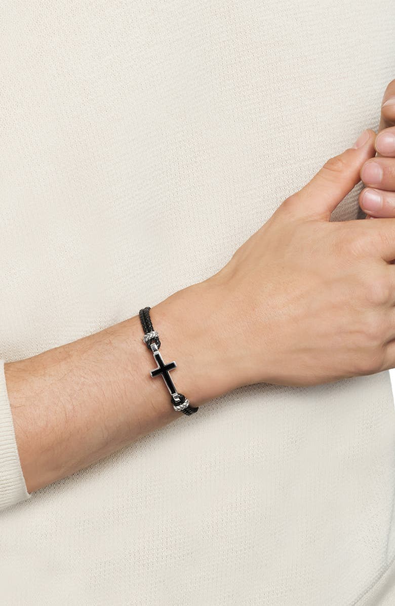 David Yurman Men's Stone Cross Bracelet in Black Leather with Sterling Silver & Black Onyx, 3mm, Alternate, color,