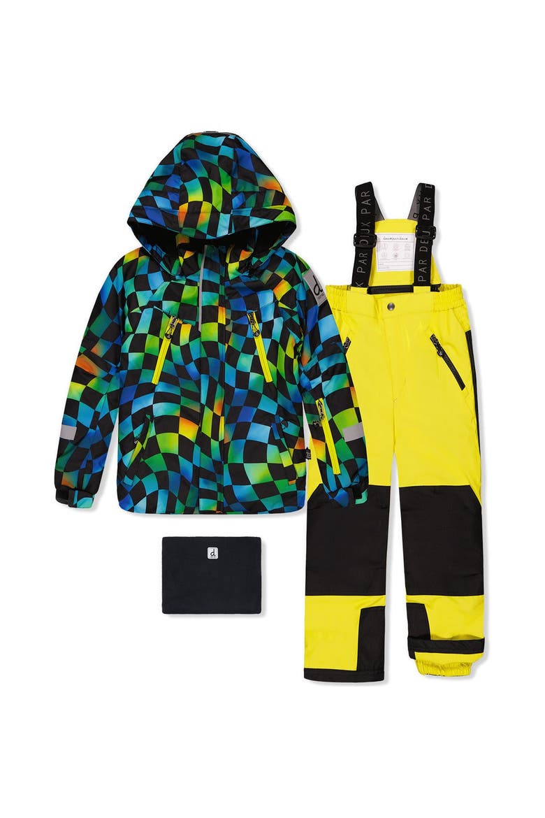 Play Checkerboard Jacket & Reinforced Pants Two Piece Snowsuit, Main, color, Green, Yellow & Blue Check
