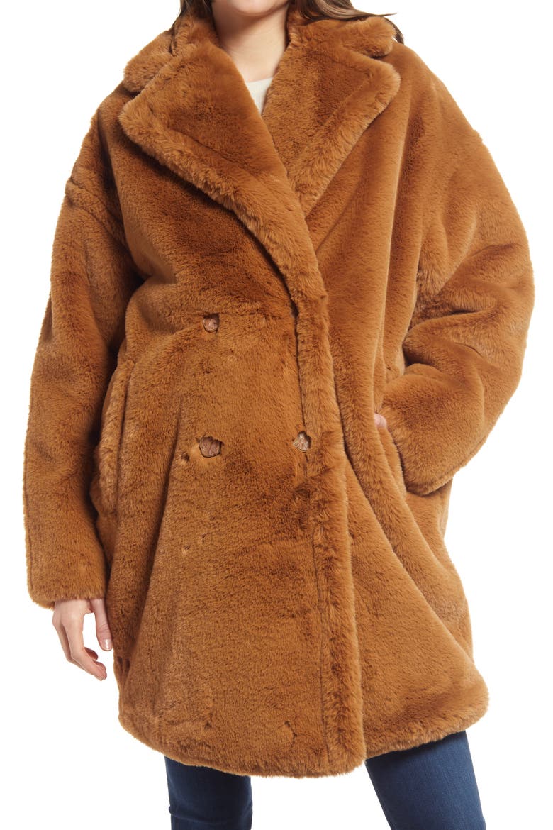 Annabette Faux Fur Maternity Coat, Alternate, color, TOBACCO