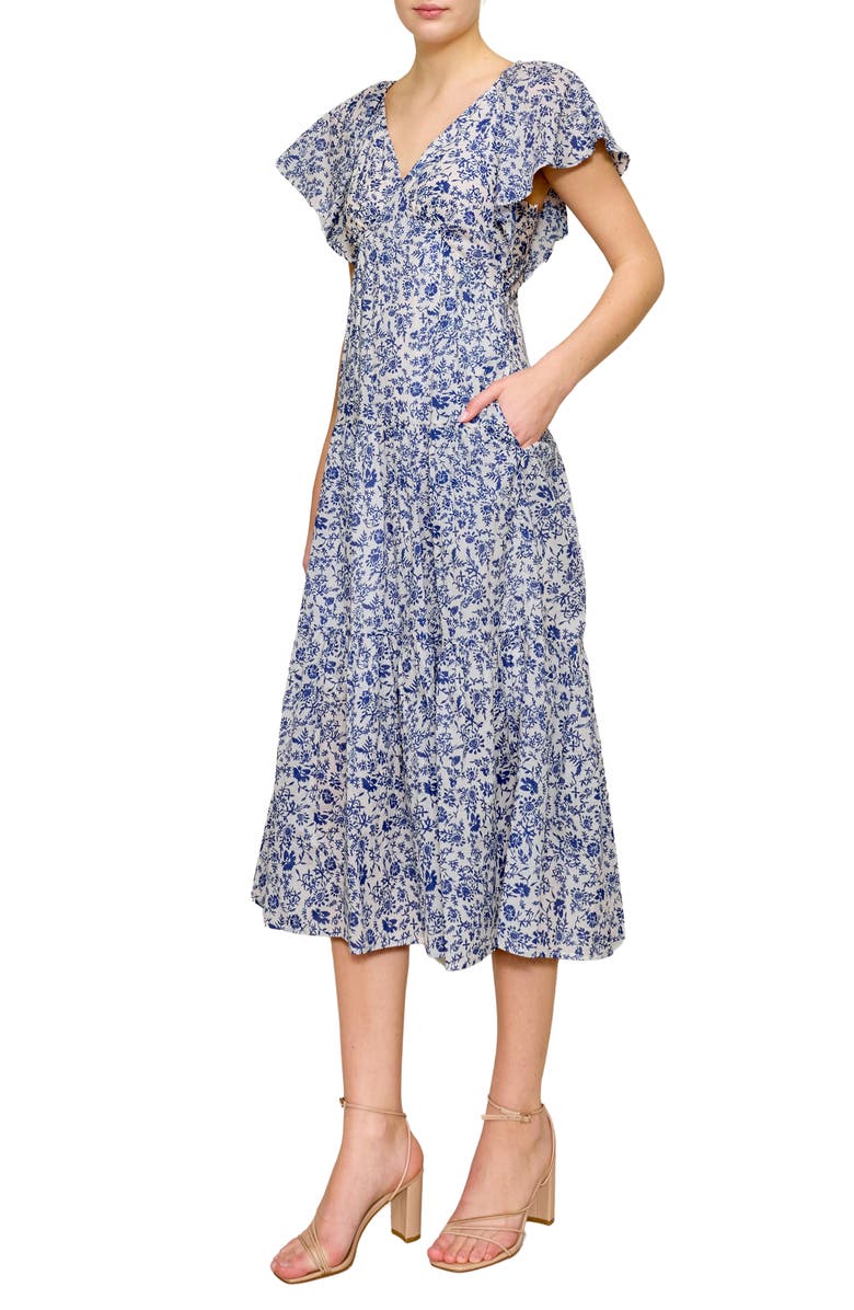 MELLODAY Floral Flutter Sleeve Tiered Midi Dress, Alternate, color,