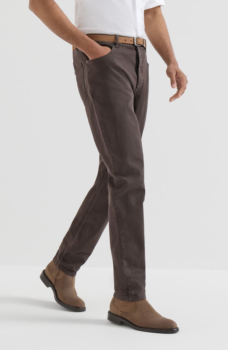 Brunello Cucinelli Garment-dyed comfort lightweight denim traditional fit five-pocket trousers, Main, color, Brown