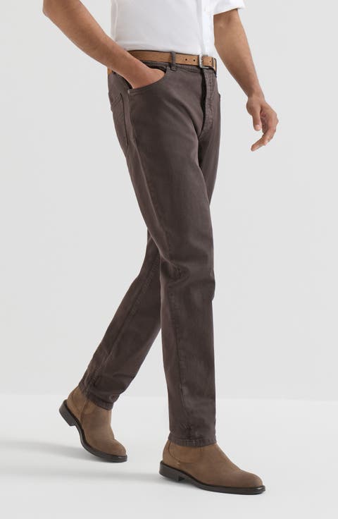 Garment-dyed comfort lightweight denim traditional fit five-pocket trousers