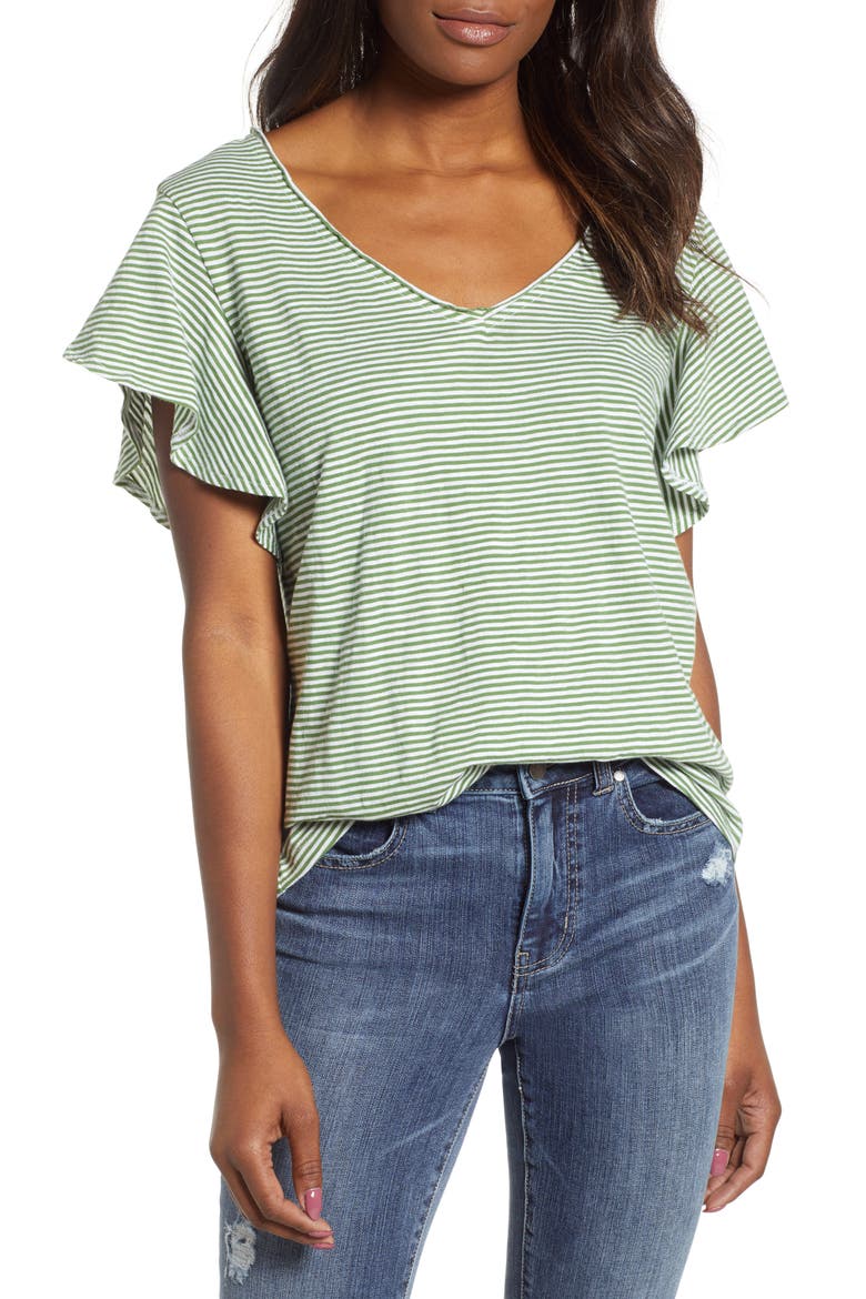 Flounce Short Sleeve Tee, Main, color, GREEN- WHITE EVEN STRIPE