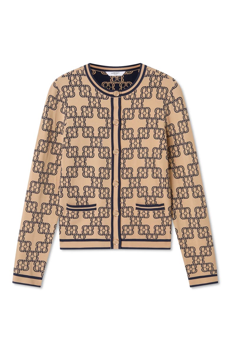 Odette Logo Monogram Cardigan, Alternate, color, NAVY MULTI