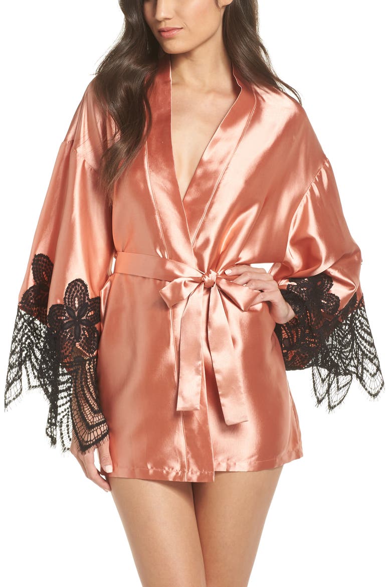 Drama Lace Trim Satin Robe, Main, color, CAMEO BROWN/ BLACK