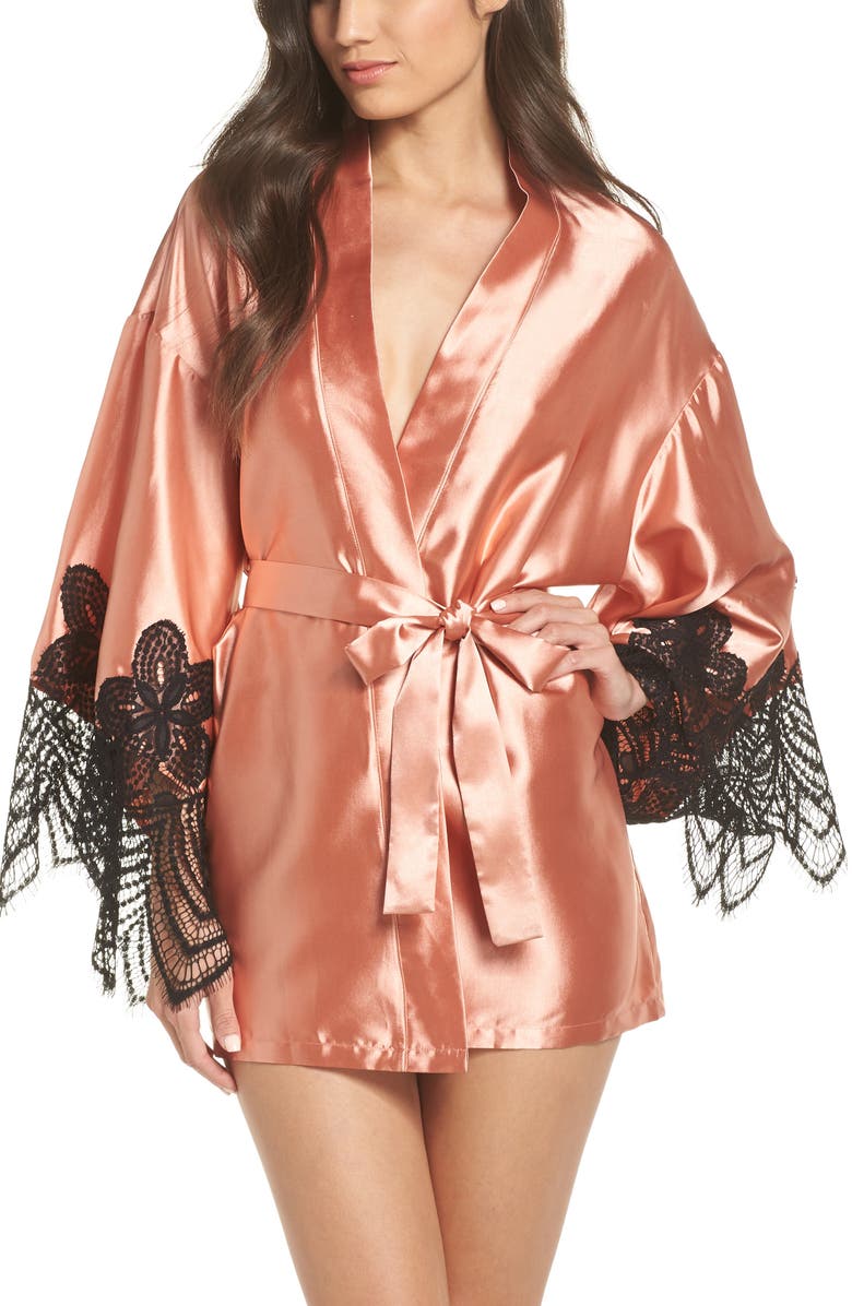 Oh La La Cheri Drama Lace Trim Satin Robe, Main, color,
