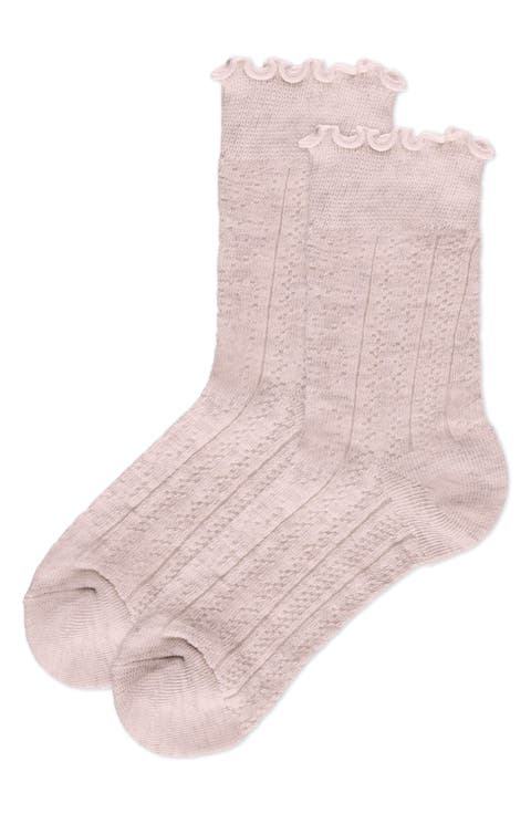 Heart Ruffle Cuff Cotton Blend Pointelle Crew Socks
