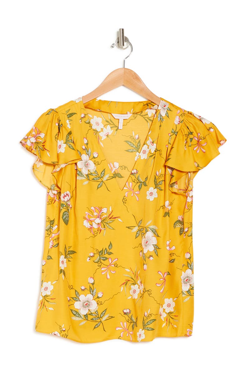 Rebecca Taylor Floral V-Neck Flutter Sleeve Blouse, Alternate, color, 