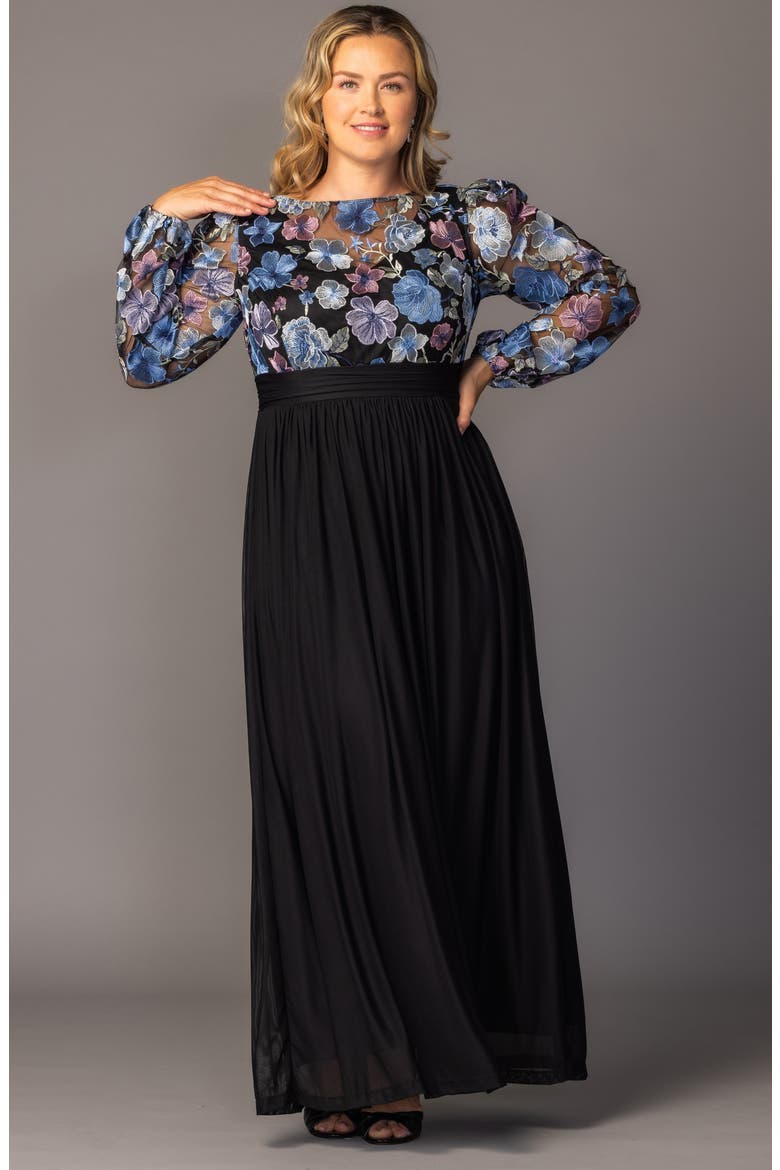 Floral Embroidered Long Sleeve Empire Waist Mesh Gown, Alternate, color, FLORAL FROLIC