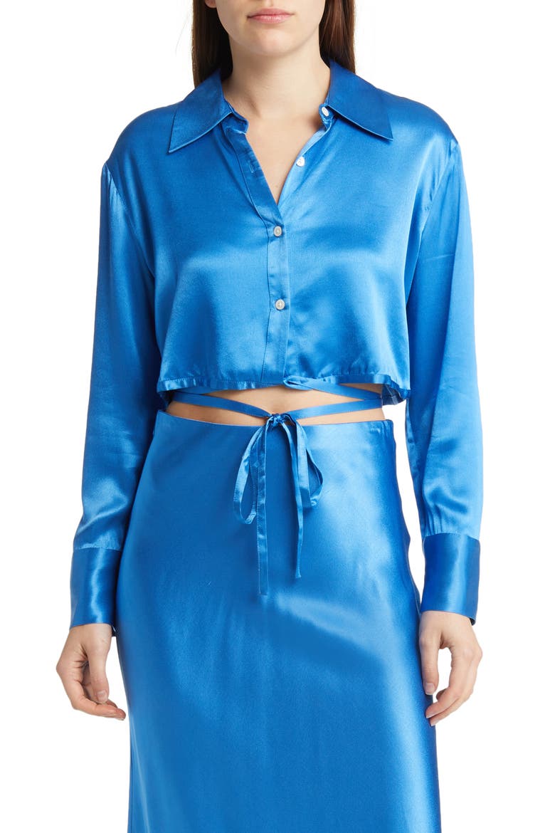 Tiana Tie Waist Crop Satin Blouse, Main, color, COBALT