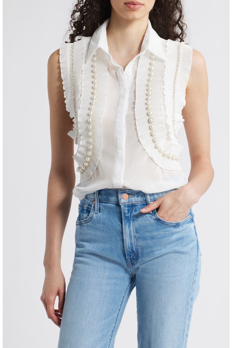 Maite Embellished Ruffle Sleeveless Shirt, Main, color, WHITE