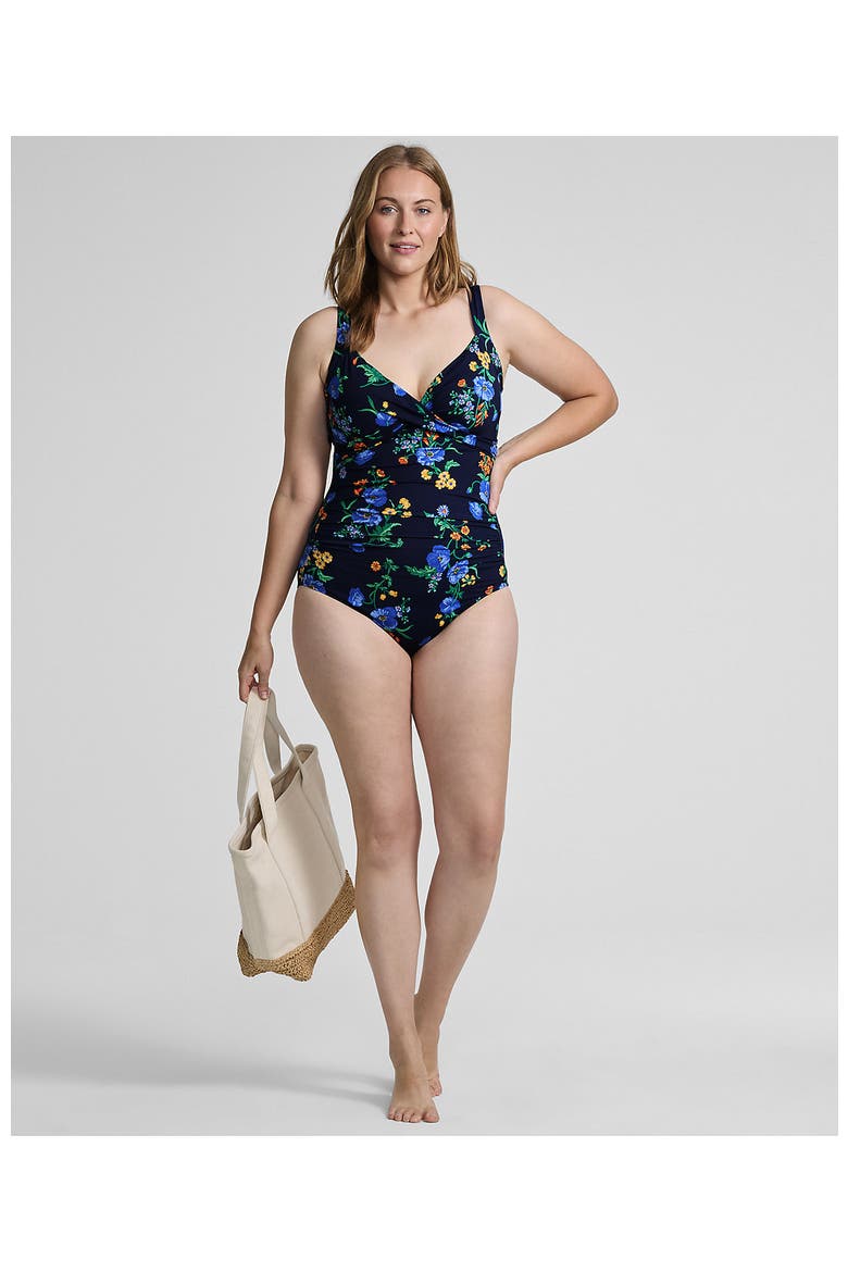 Plus Size Sweetheart Underwire Wrap One Piece Swimsuit, Alternate, color, Navy/Tossed Poppy Floral