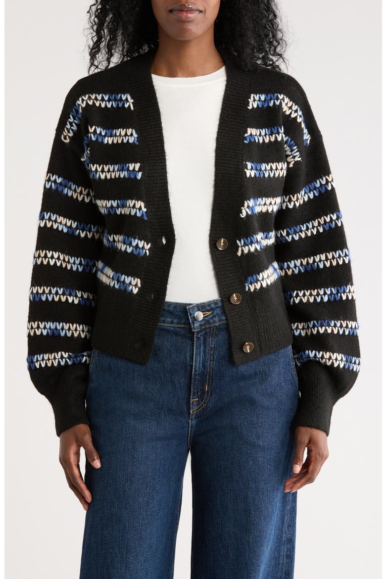 Whipstitch V-Neck Button-Up Cardigan, Main, color, BLACK/ BLUE