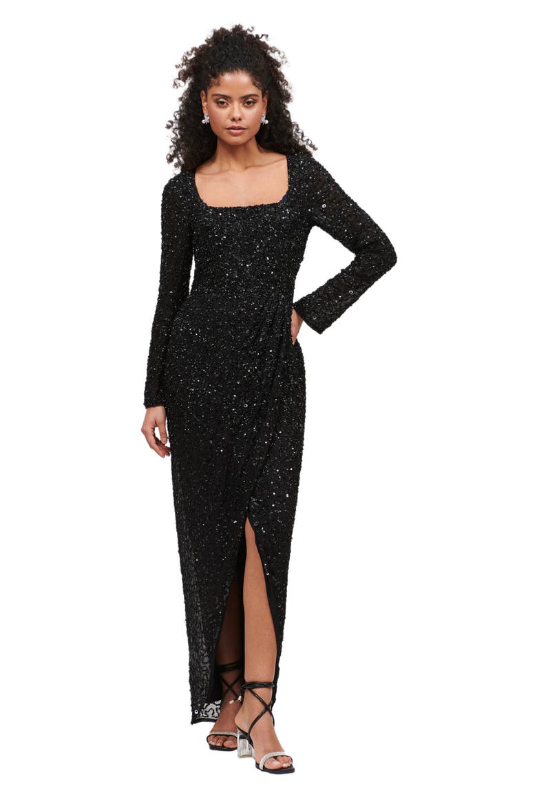 Embellished Sequin Beaded Maxi Dress With Wrap Bottom, Main, color, BLACK