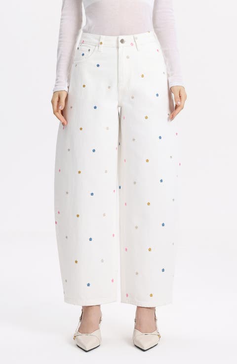Embroidered High Waist Ankle Barrel Jeans (Eos)