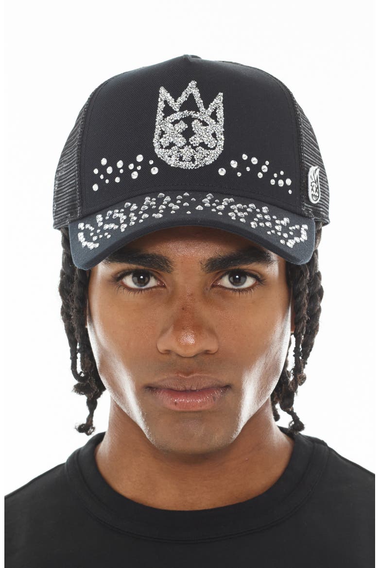 Shimuchan Logo Crystal Embellished Trucker Hat, Alternate, color, BLACK