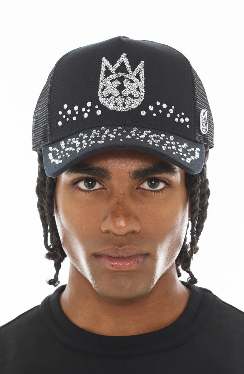 Cult of Individuality Shimuchan Logo Crystal Embellished Trucker Hat, Alternate, color, Black