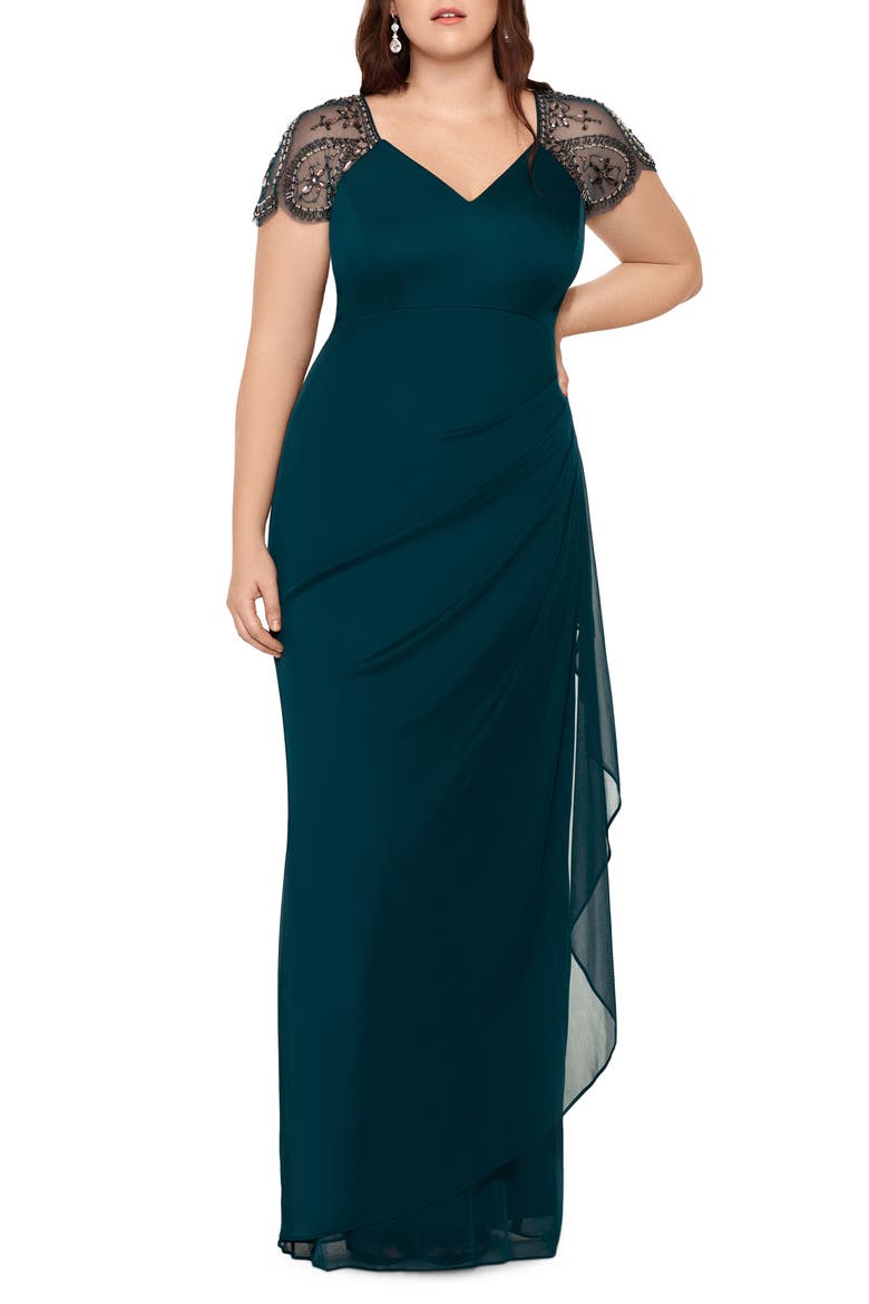 Xscape Embellished Mesh Sheath Evening Gown, Main, color, NEO EMERALD