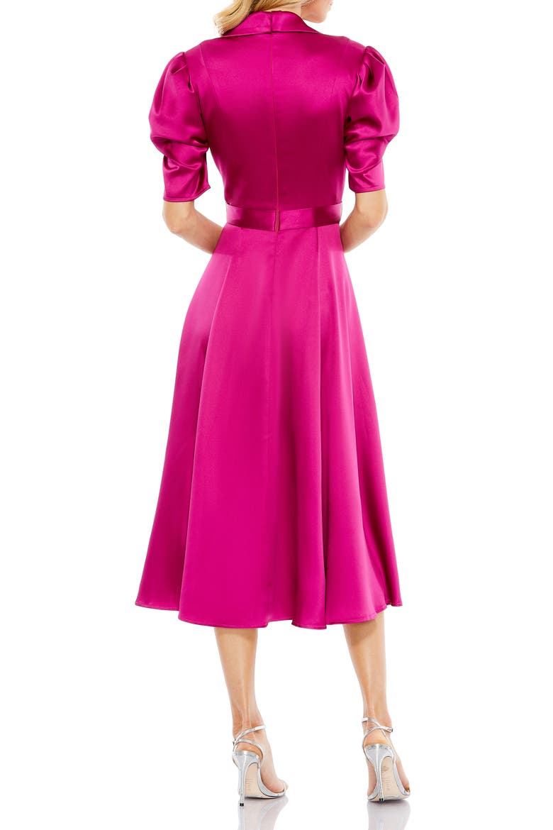 Satin Lapel Puff Sleeve Tea Length Dress, Alternate, color, HOT PINK